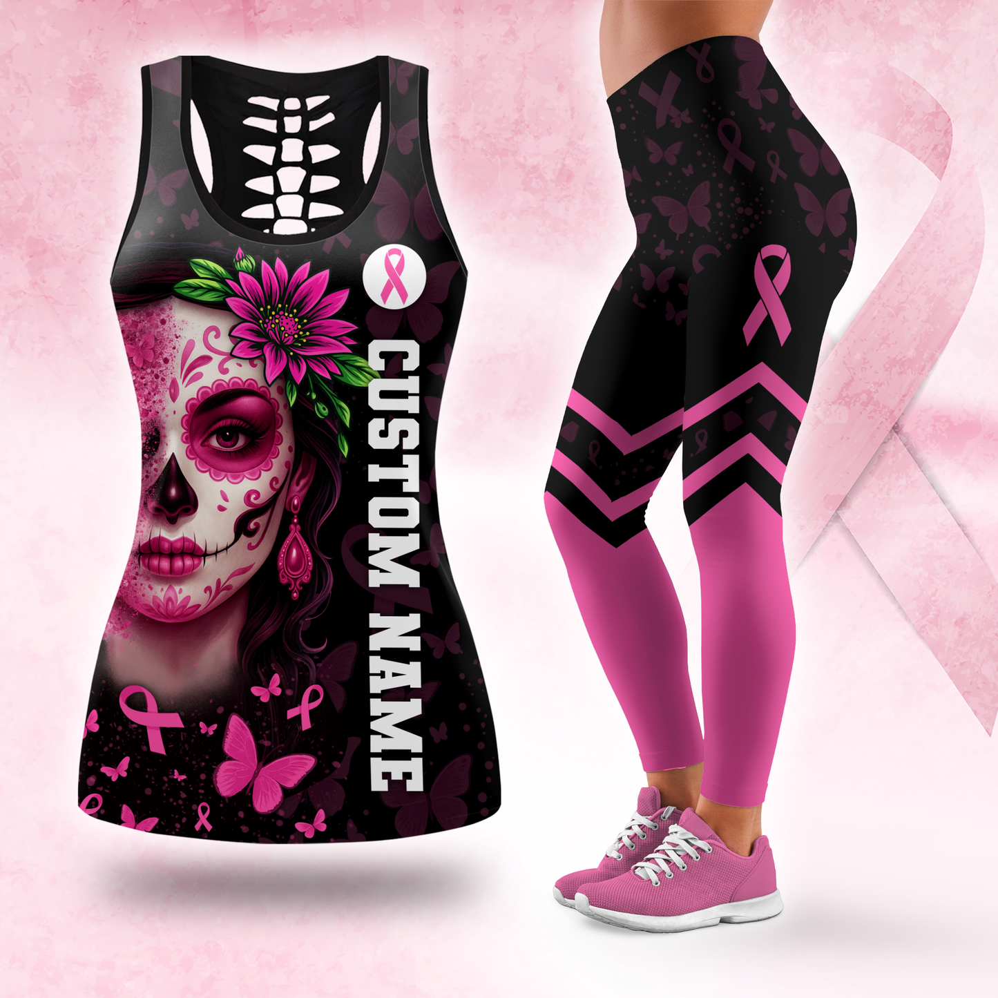 Personalized Pink Ribbon Floral Calavera & Butterfly Leggings and Tank Outfit