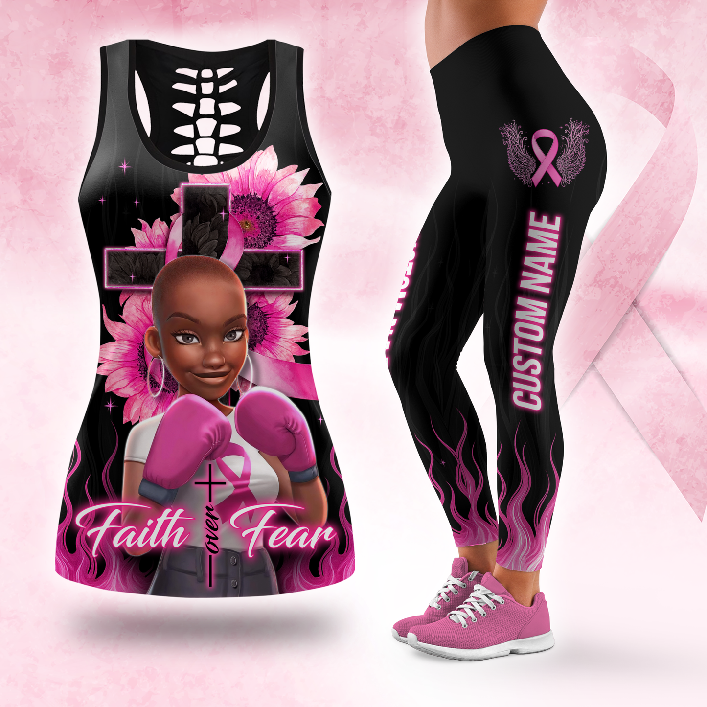 Personalized "Faith Over Fear" Breast Cancer Awareness Legging and Hollow Tank Set, Custom Choo