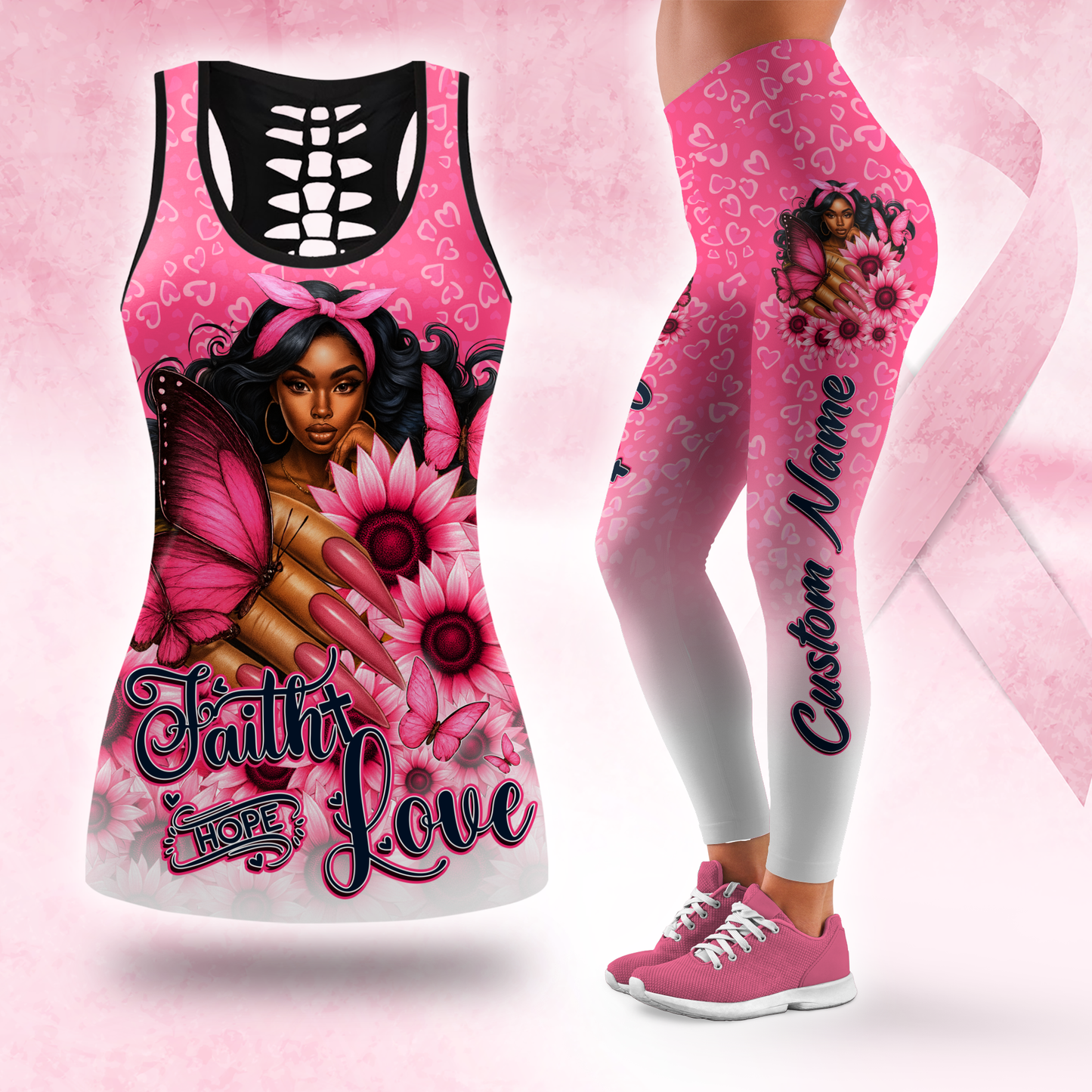 personalized black girl magic pink ribbon faith hope love ombre leggings and criss cross tank set, Custom Choo