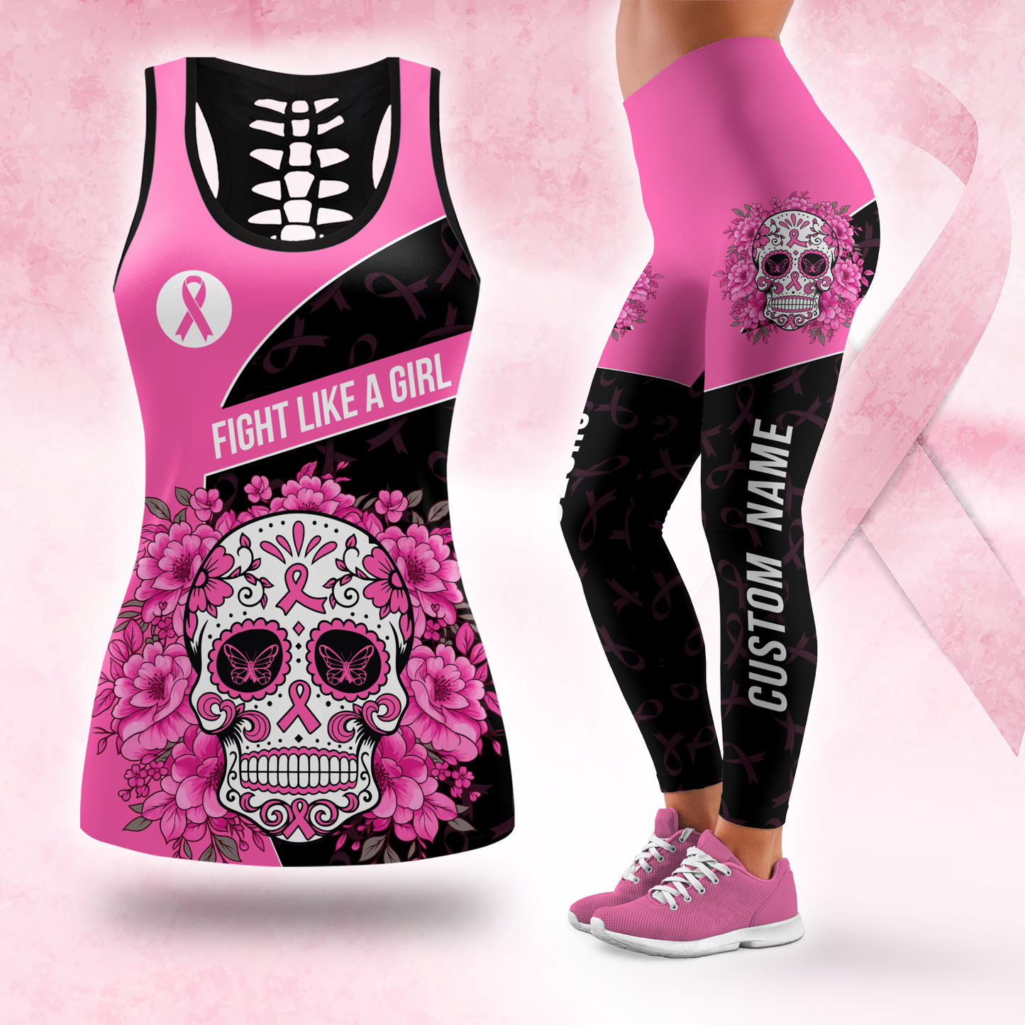 Personalized Pink Ribbon Floral Sugar Skull Leggings and Tank Outfit