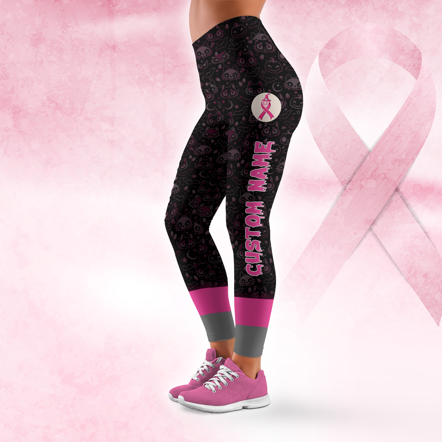 Pink Ribbon Halloween Witch Cat Tank Top & Leggings Set, Custom Choo