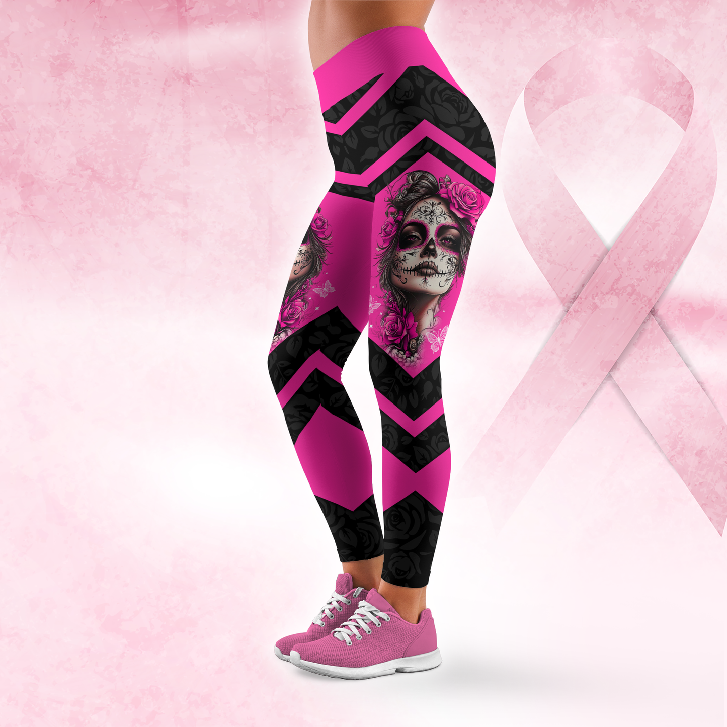 Breast Cancer Awareness Sugar Skull Legging and Hollow Tank Top Set, Custom Choo