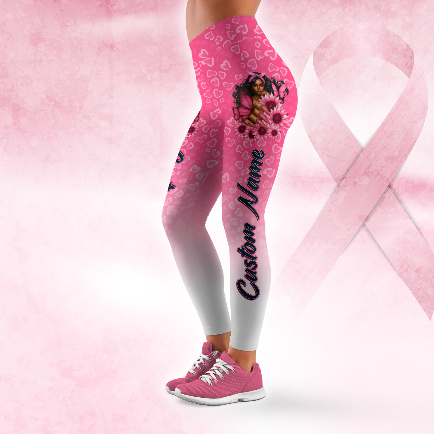 personalized black girl magic pink ribbon faith hope love ombre leggings and criss cross tank set, Custom Choo