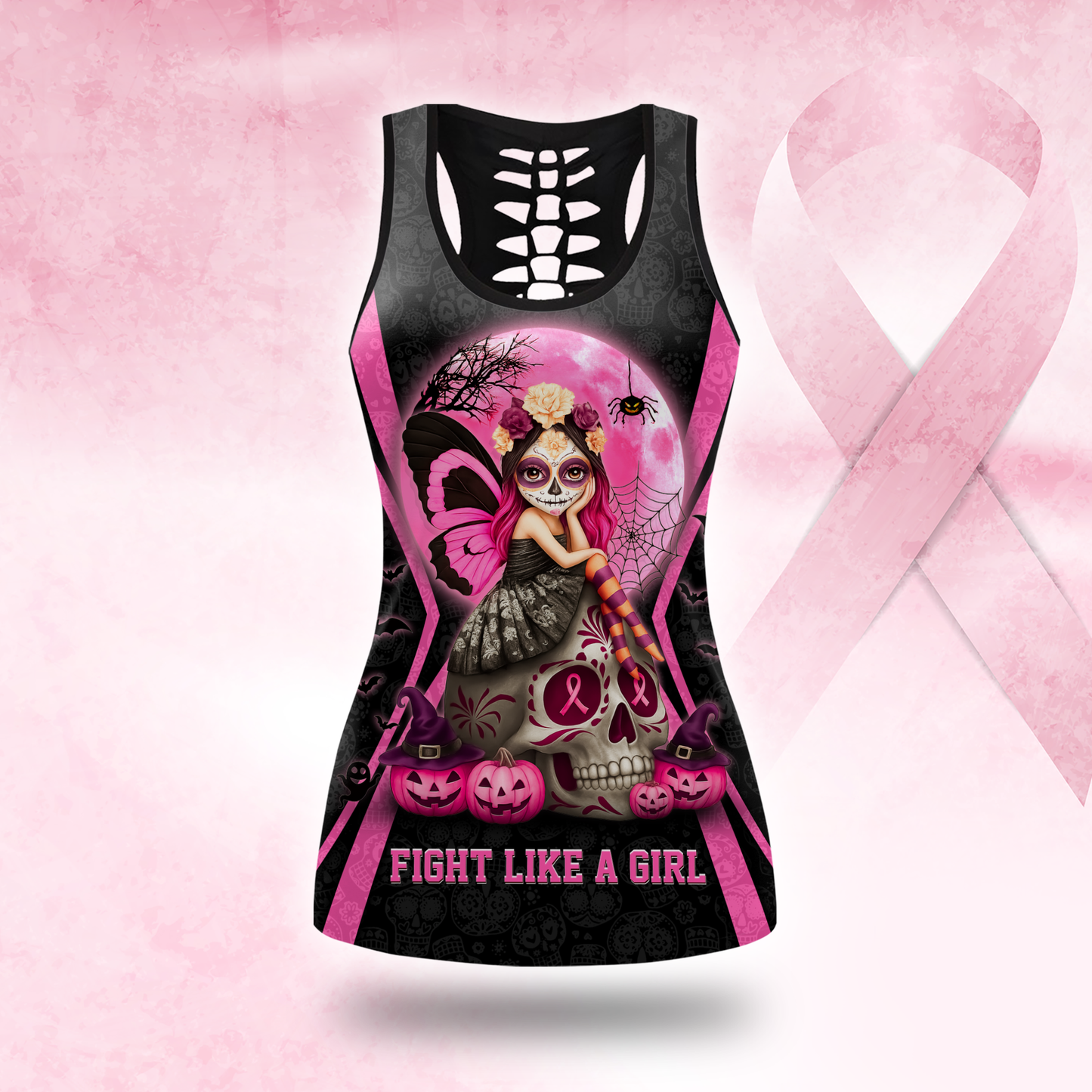 Personalized Sugar Skull Fight Like A Girl - Combo Legging Breast Cancer Awareness