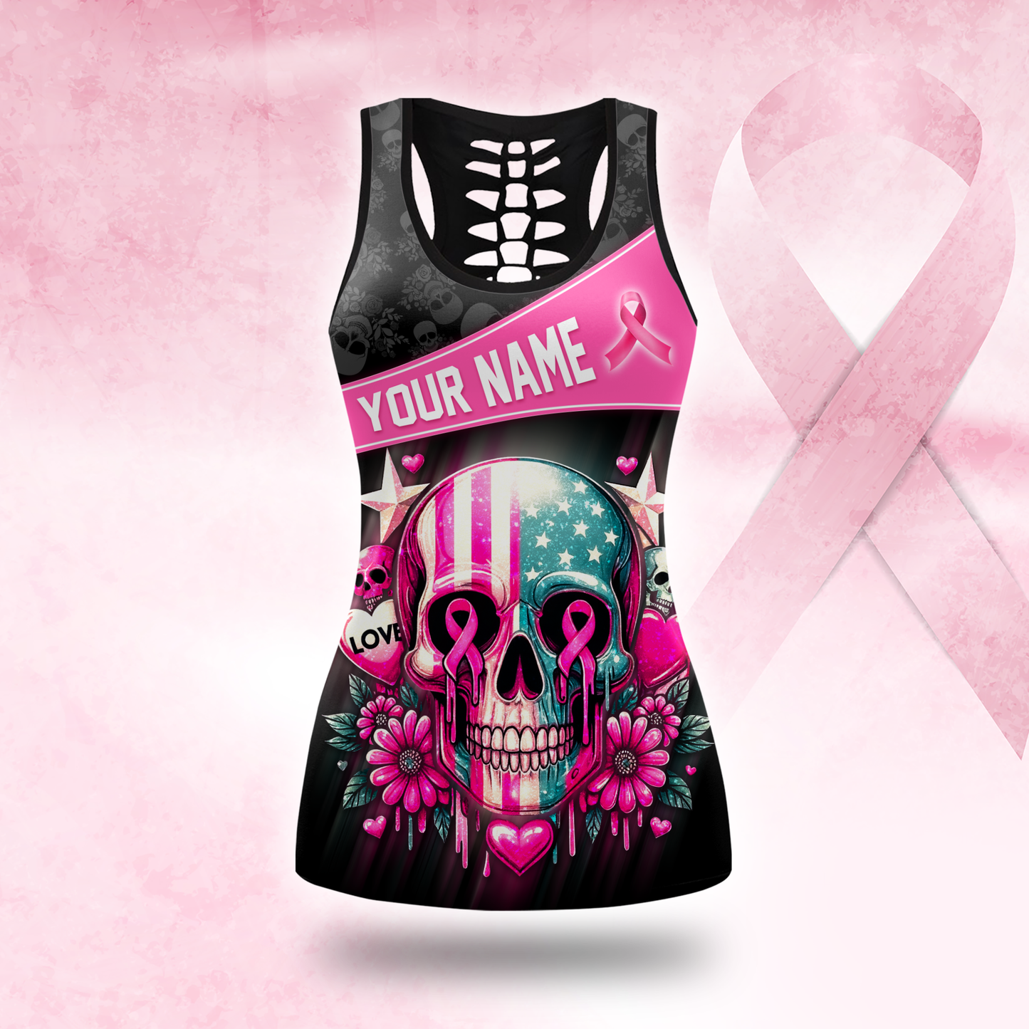 Personalized Breast Cancer Sugar Skull - Combo Legging Tanktop Breast Cancer Awareness