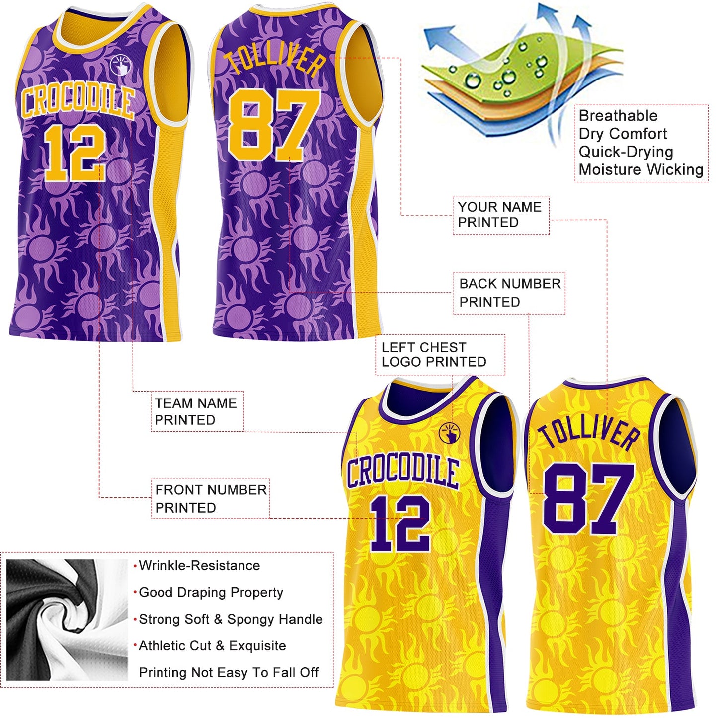 Custom Purple Gold-White Side Panel Stripe Sun Flame Reversible Double Side Sublimation Basketball Set Jersey