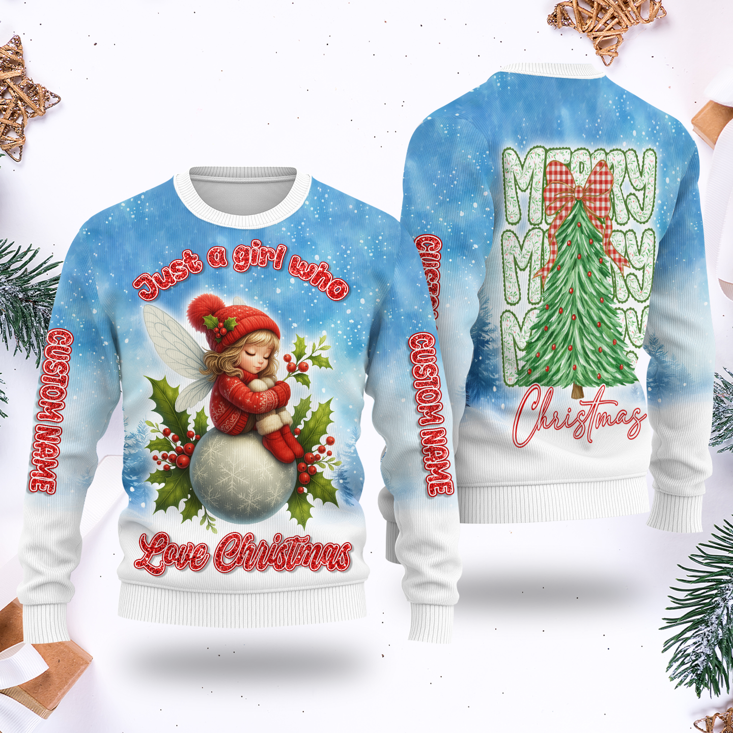 Custom Name Christmas Hoodie – Cute Fairy Snowball Zip Up, Just a Girl Who Loves Christmas Design