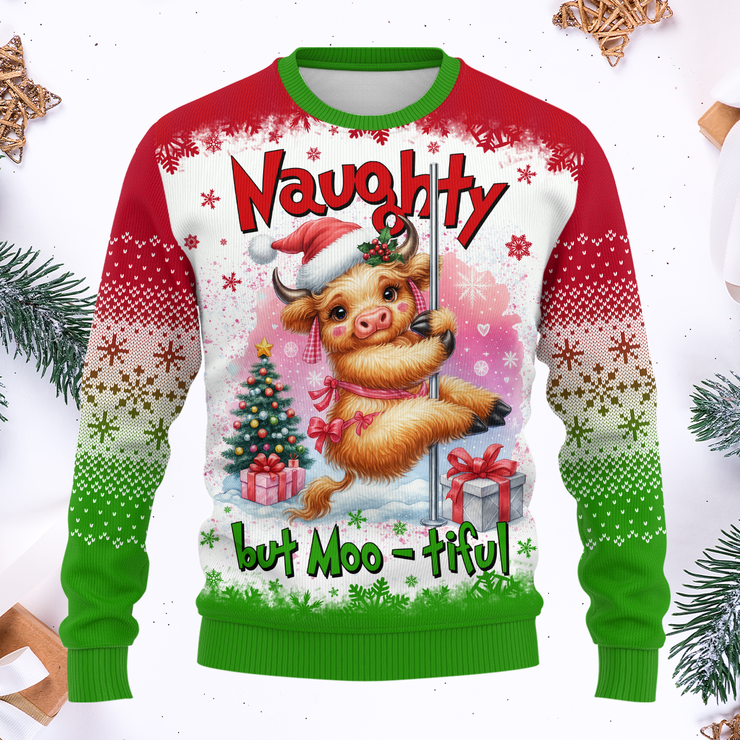 Funny Cow Christmas Hoodie – Naughty but Moo-tiful, Cute Farm Animal Holiday Zip Up Sweater