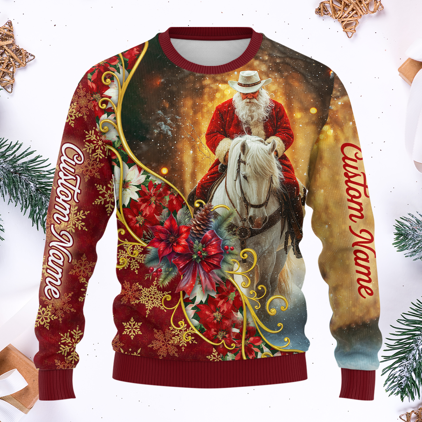 Santa Riding Horse Hoodie – Western Cowboy Christmas Zip Up, Custom Name Holiday Hoodie for Horse Lovers