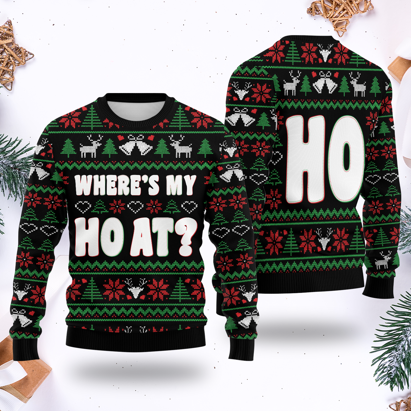 Funny Christmas Hoodie – Where’s My Ho At, Ugly Sweater Style Zip Up, Holiday Party Hoodie Gift for Men Women