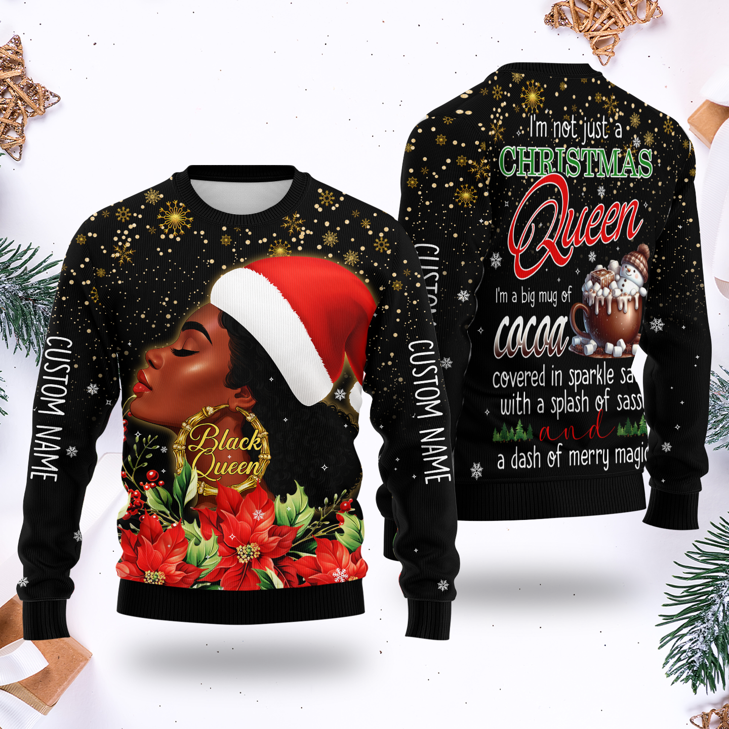 Christmas Queen Hoodie – Black Queen Holiday Zip Up, Sassy Cocoa Quote Hoodie, Custom Name Christmas Gift for Her