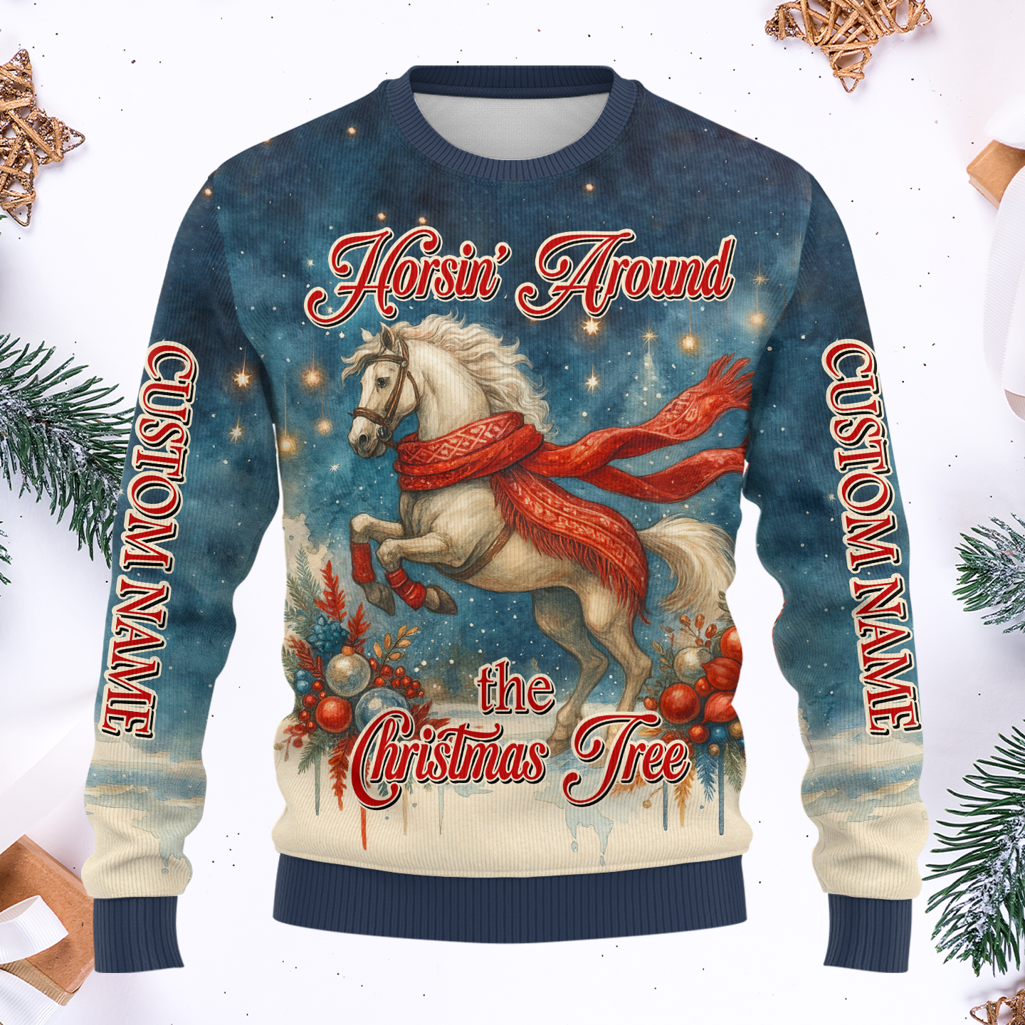 Horsin’ Around the Christmas Tree Hoodie – Funny Horse Lover Holiday Zip Up