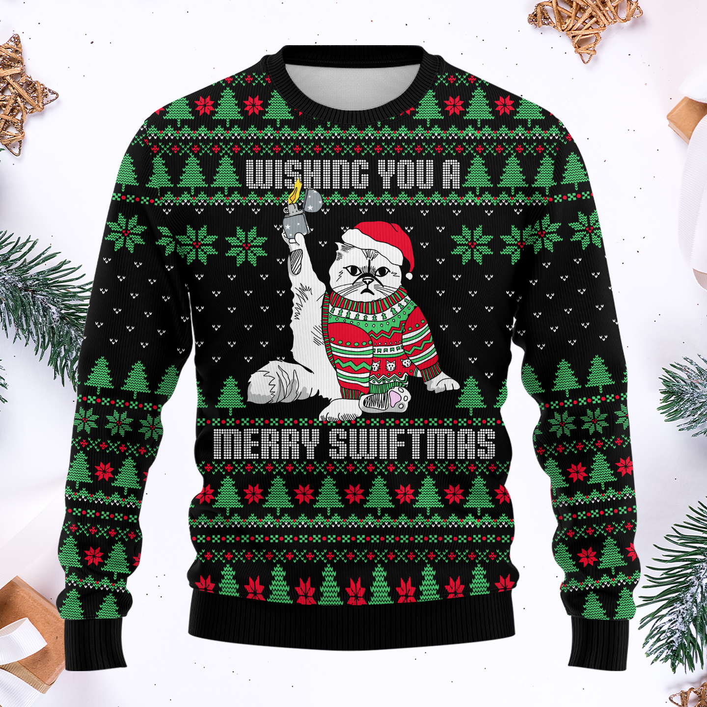 Funny Cat Christmas Hoodie – Wishing You a Merry Swiftmas, Ugly Sweater Style Zip Up, Holiday Hoodie for Cat Lovers