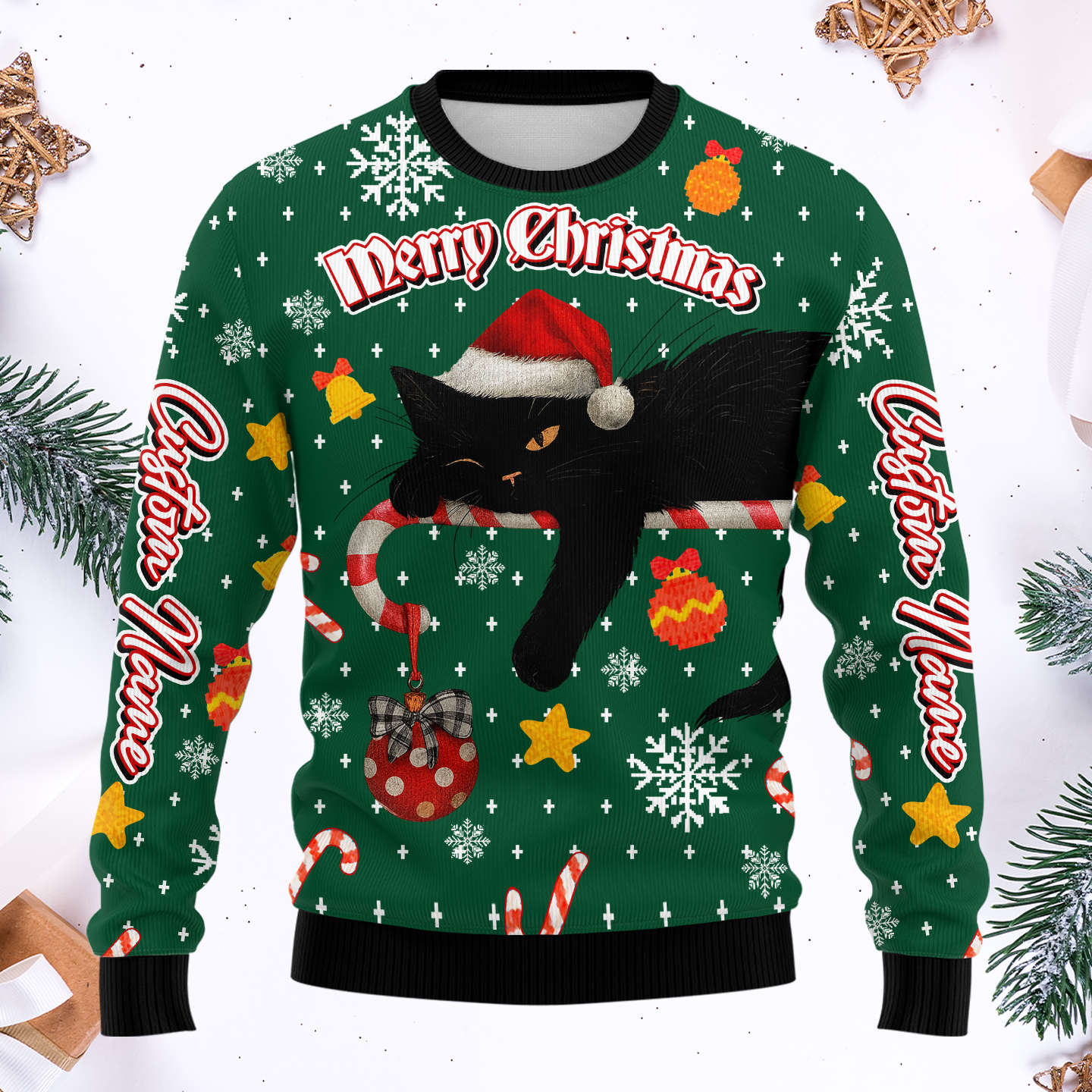 Black Cat Christmas Hoodie – Custom Name Santa Cat Zip Up