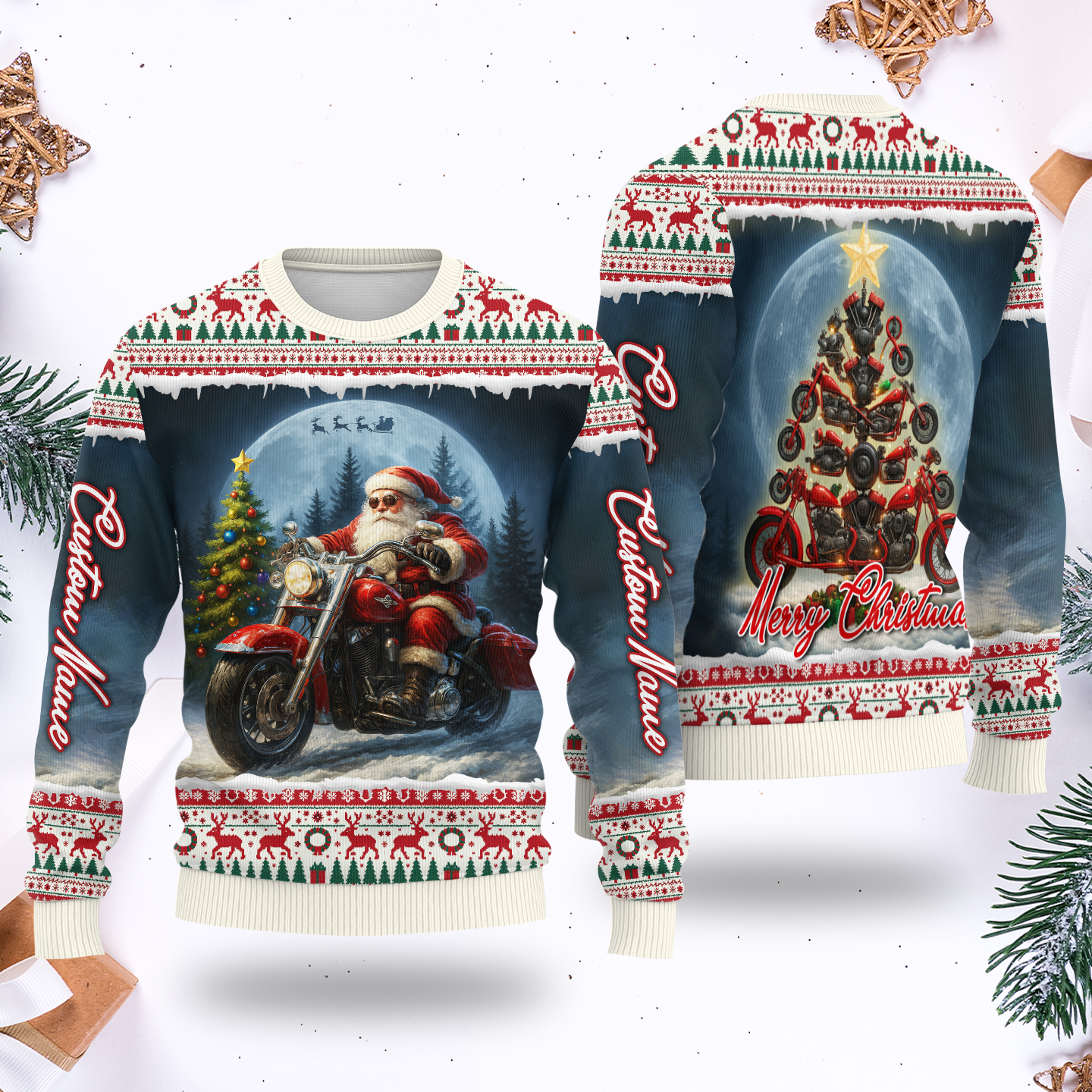 Santa Biker Christmas Hoodie – Custom Name Motorcycle Xmas Zip Up