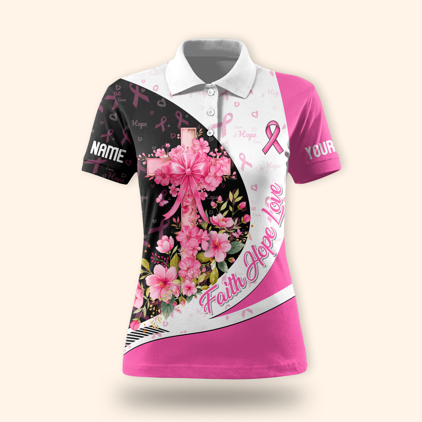 Personalized Breast Cancer Awareness "Faith Hope Love" Floral Cross Shirt