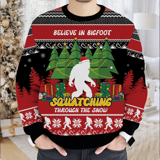 Believe in Bigfoot Christmas Trees Funny Ugly Christmas Sweater, Custom Choo
