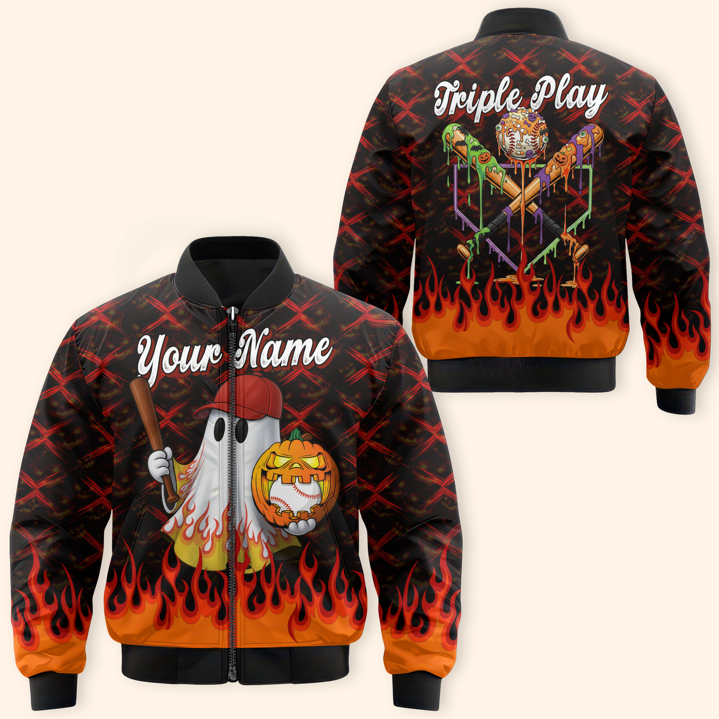 Personalized Baseball Halloween Hoodie – Ghost with Pumpkin & Bat, Custom Name Zip Up, Custom Choo