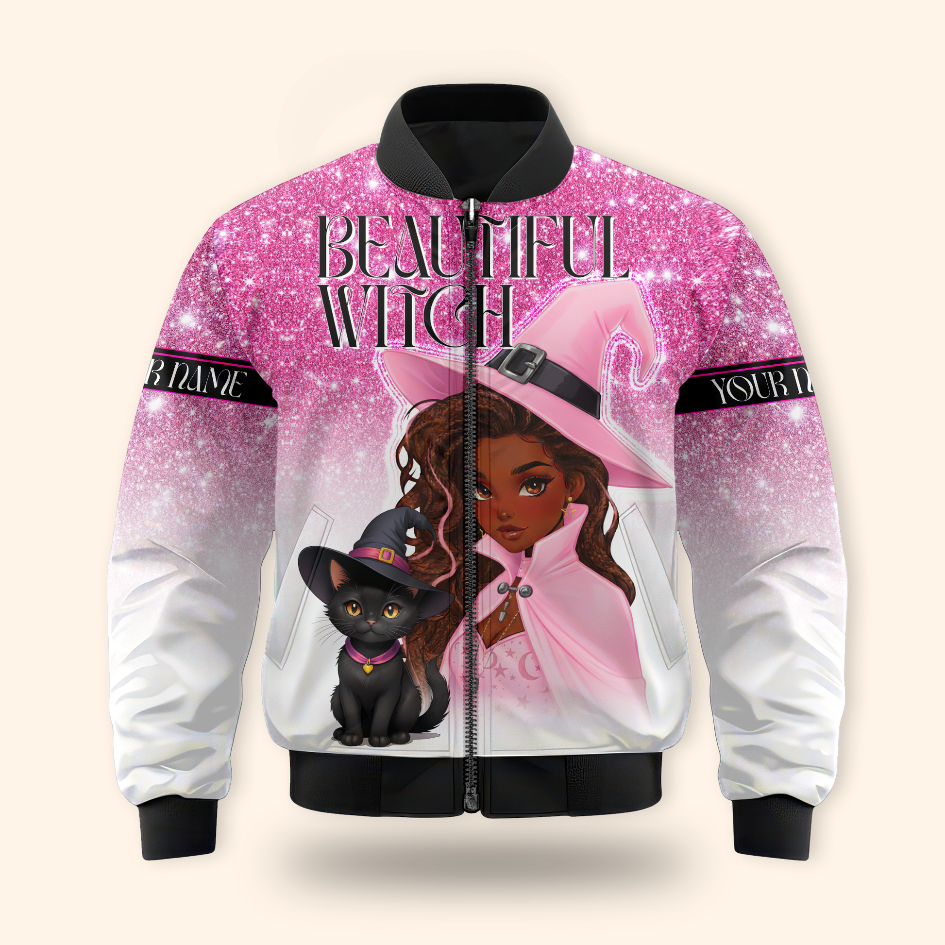 Personalized Beautiful Witch Hoodie – Pink Witch and Black Cat Halloween Zip Up, Custom Choo