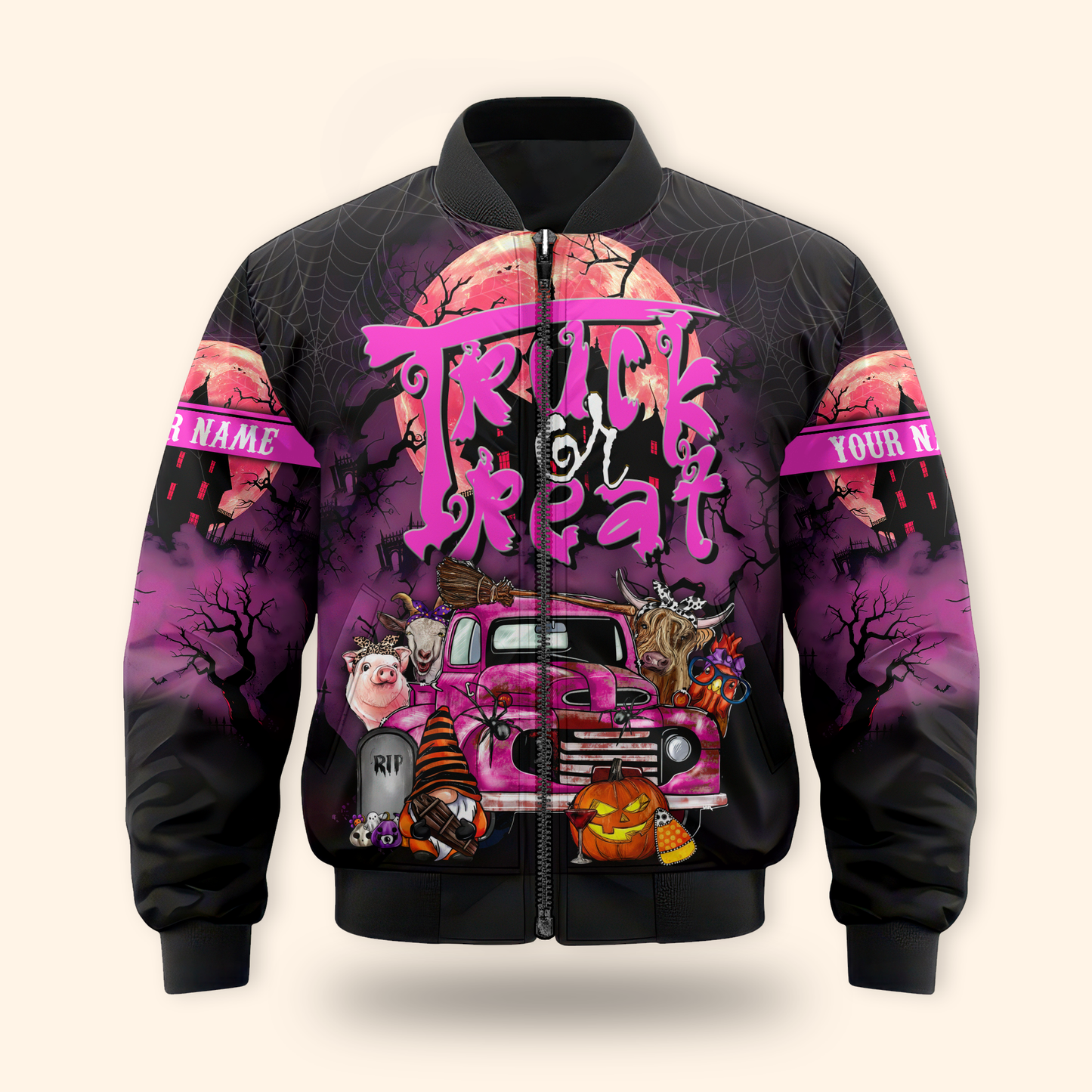 Trick or Treat Truck Hoodie – Halloween Farm Animals & Pumpkin Zip Up, Custom Name, Custom Choo