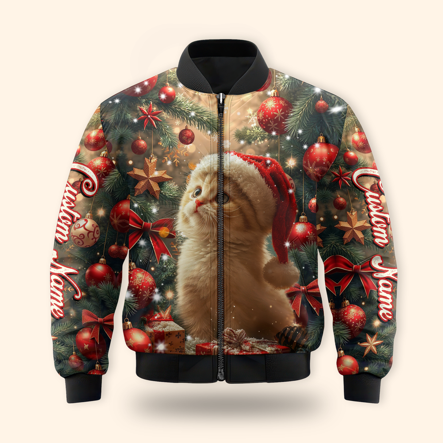 Cute Cat Christmas Hoodie – Personalized Santa Kitty Zip Up