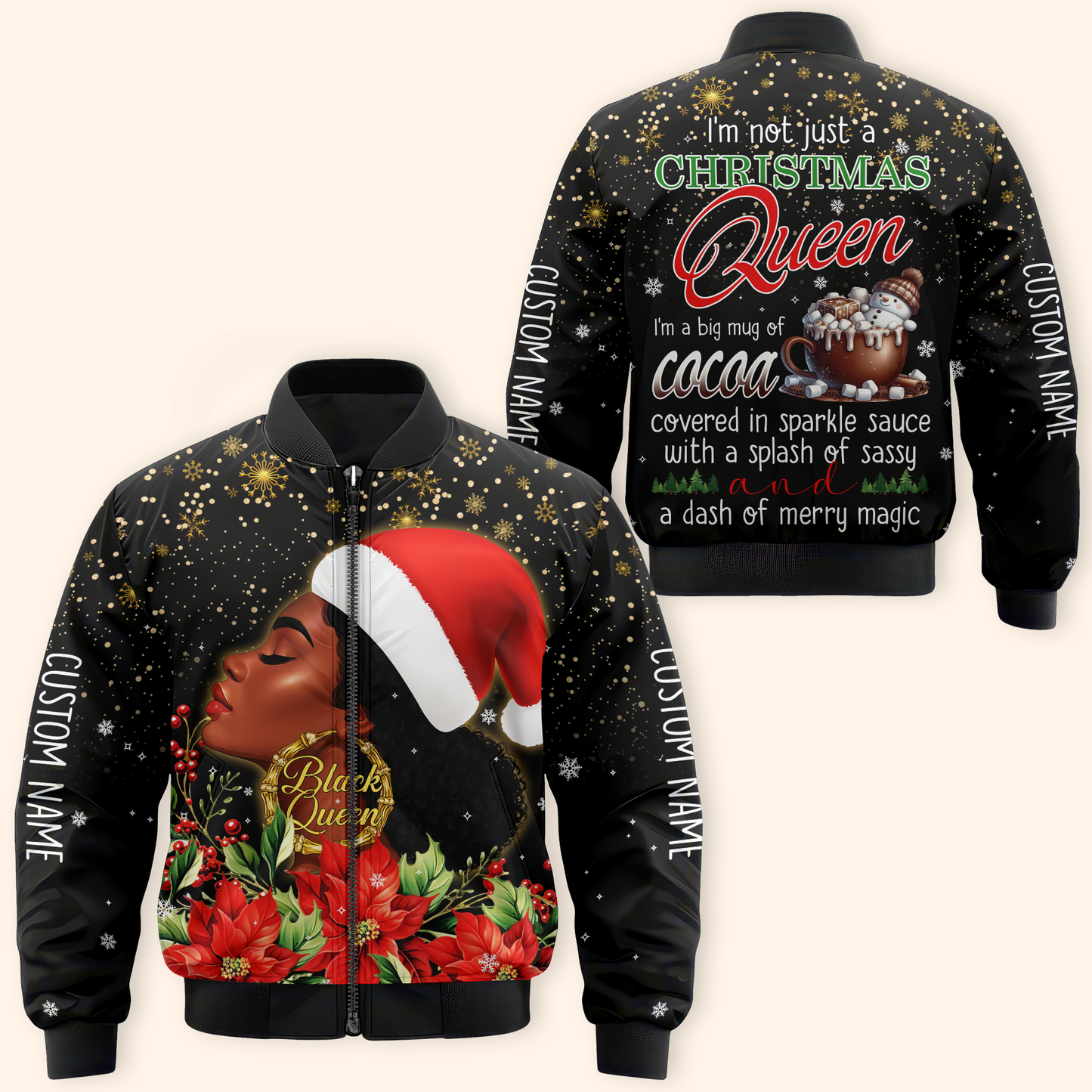 Christmas Queen Hoodie – Black Queen Holiday Zip Up, Sassy Cocoa Quote Hoodie, Custom Name Christmas Gift for Her