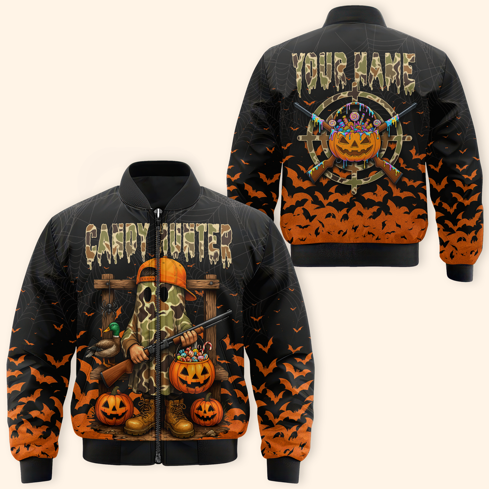 Candy Hunter Halloween Hoodie – Funny Ghost Hunter with Pumpkins & Candy, Custom Name, Custom Choo