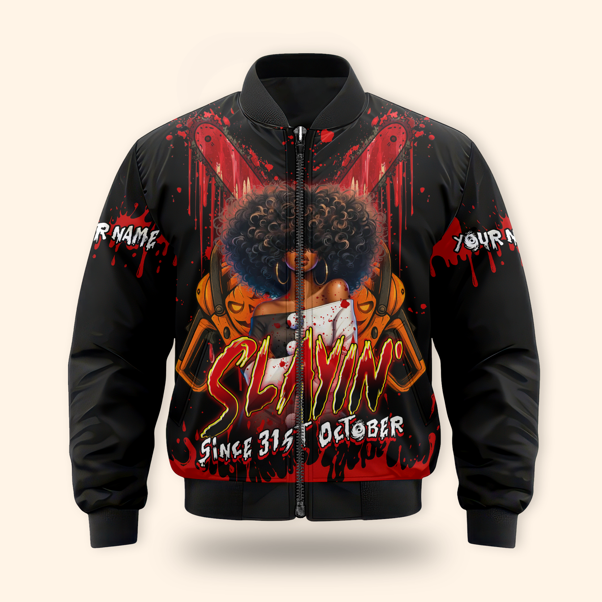 Slayin’ Since 31st October Hoodie – Custom Name Halloween Horror Afro Girl Jacket, Custom Choo