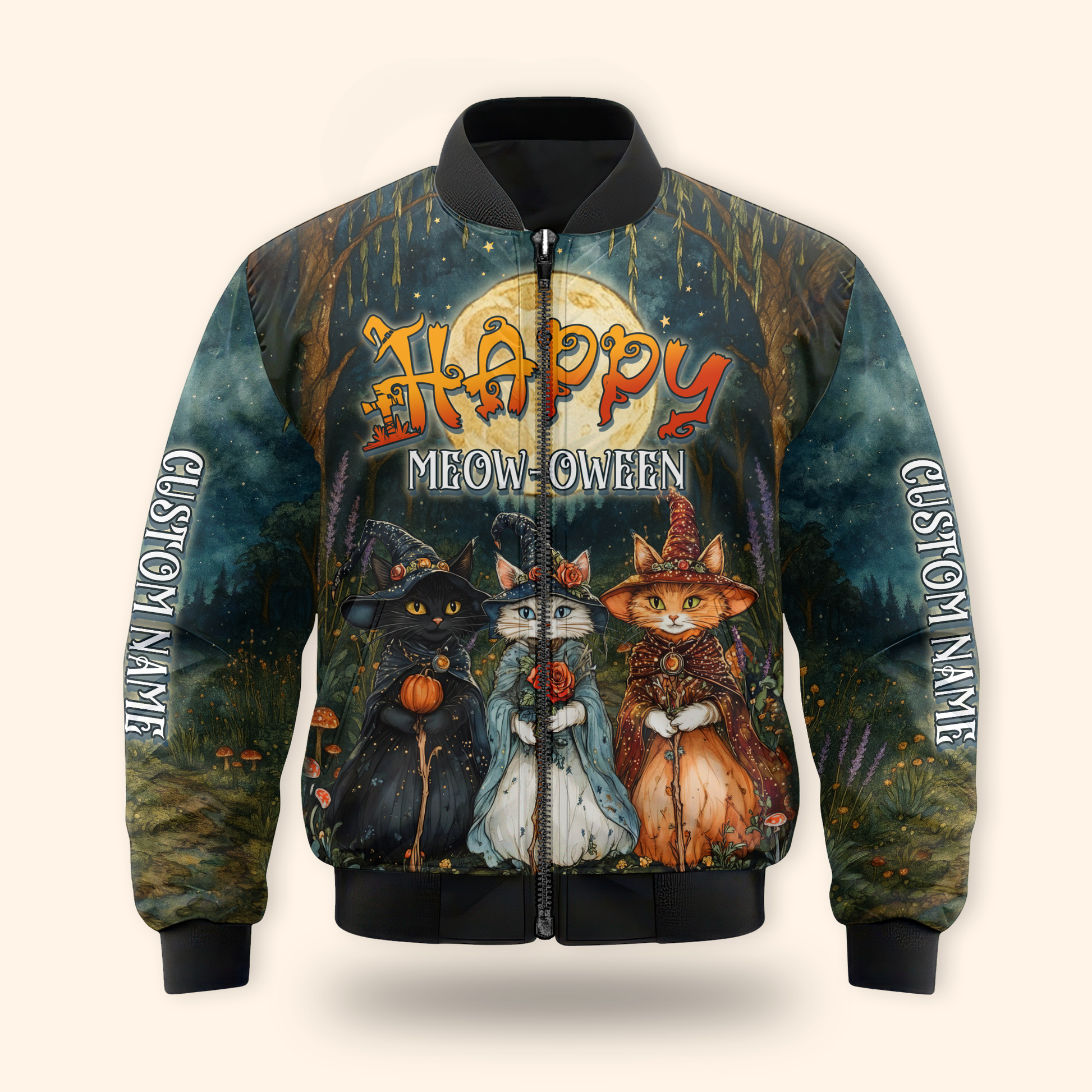 Happy Meow-Oween Hoodie – Halloween Cat Witch 3D Zip Up – Custom Name Hoodie, Custom Choo