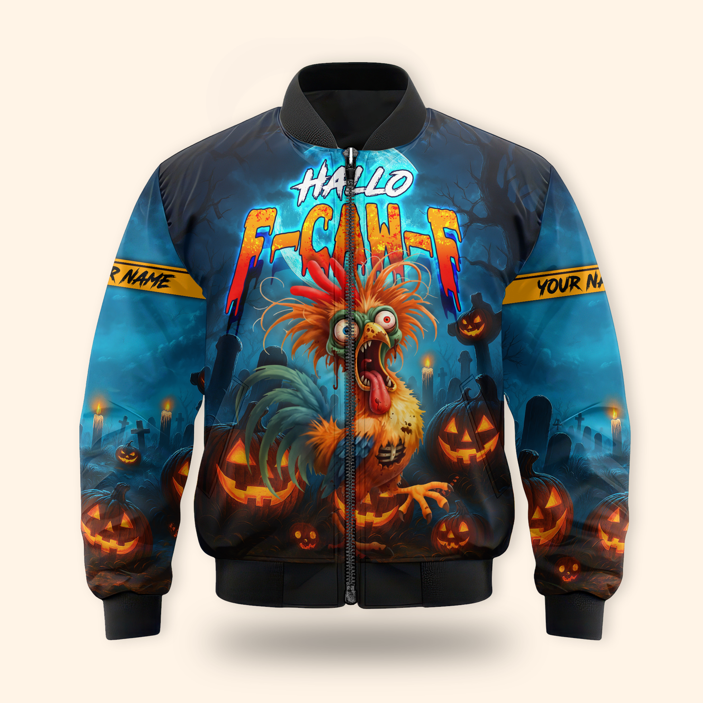 Funny Chicken Halloween Hoodie – Hallo F-Caw-F Scared Rooster – Custom Name Zip Up Hoodie, Custom Choo
