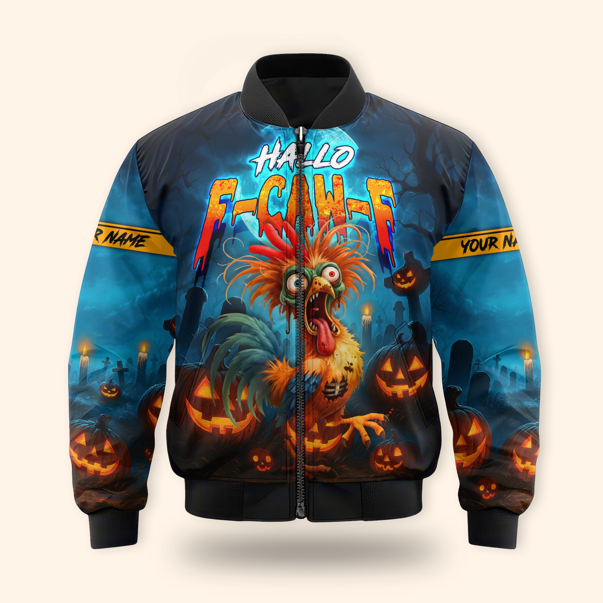 Funny Chicken Halloween Hoodie – Hallo F-Caw-F Scared Rooster – Custom Name Zip Up Hoodie, Custom Choo