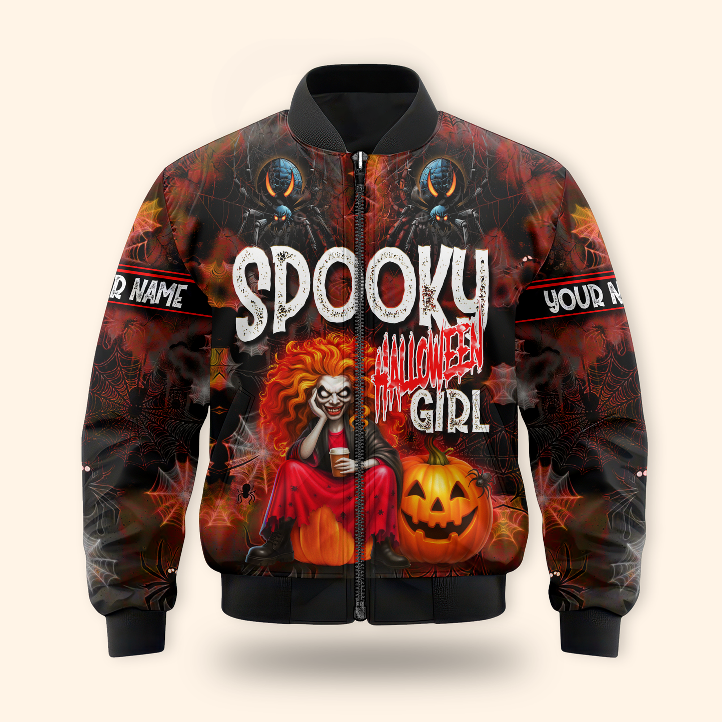 Spooky Halloween Girl Hoodie – Personalized Name Creepy Zip Up Jacket, Custom Choo