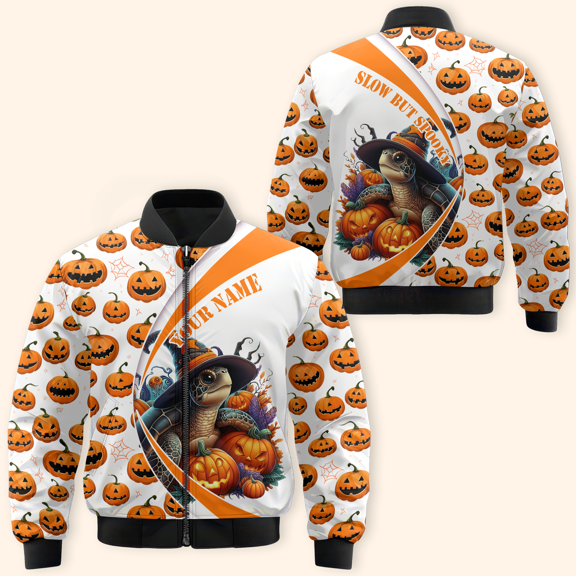 Slow But Spooky Turtle Hoodie – Halloween Pumpkin Zip Up, Custom Name Gift, Custom Choo