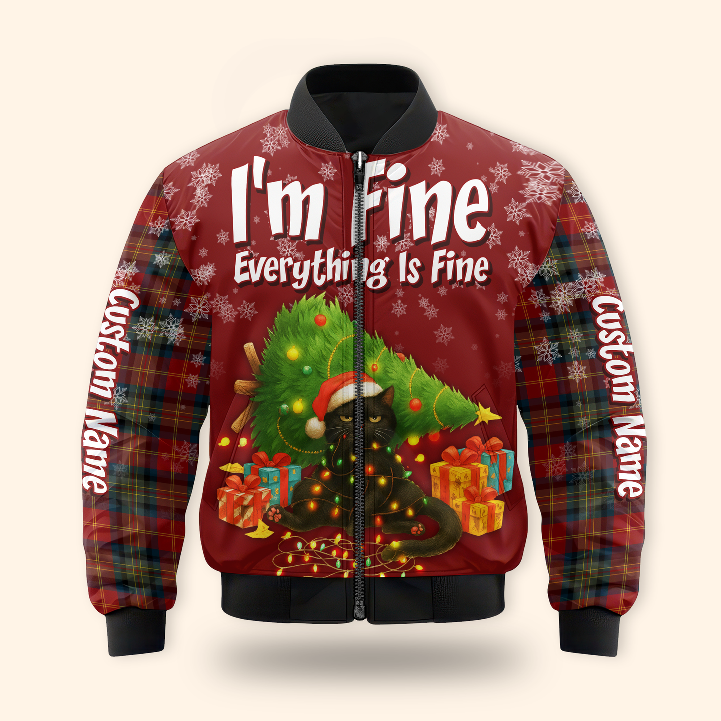 Funny Christmas Cat Hoodie – I’m Fine Everything Is Fine, Personalized Name Holiday Sweatshirt
