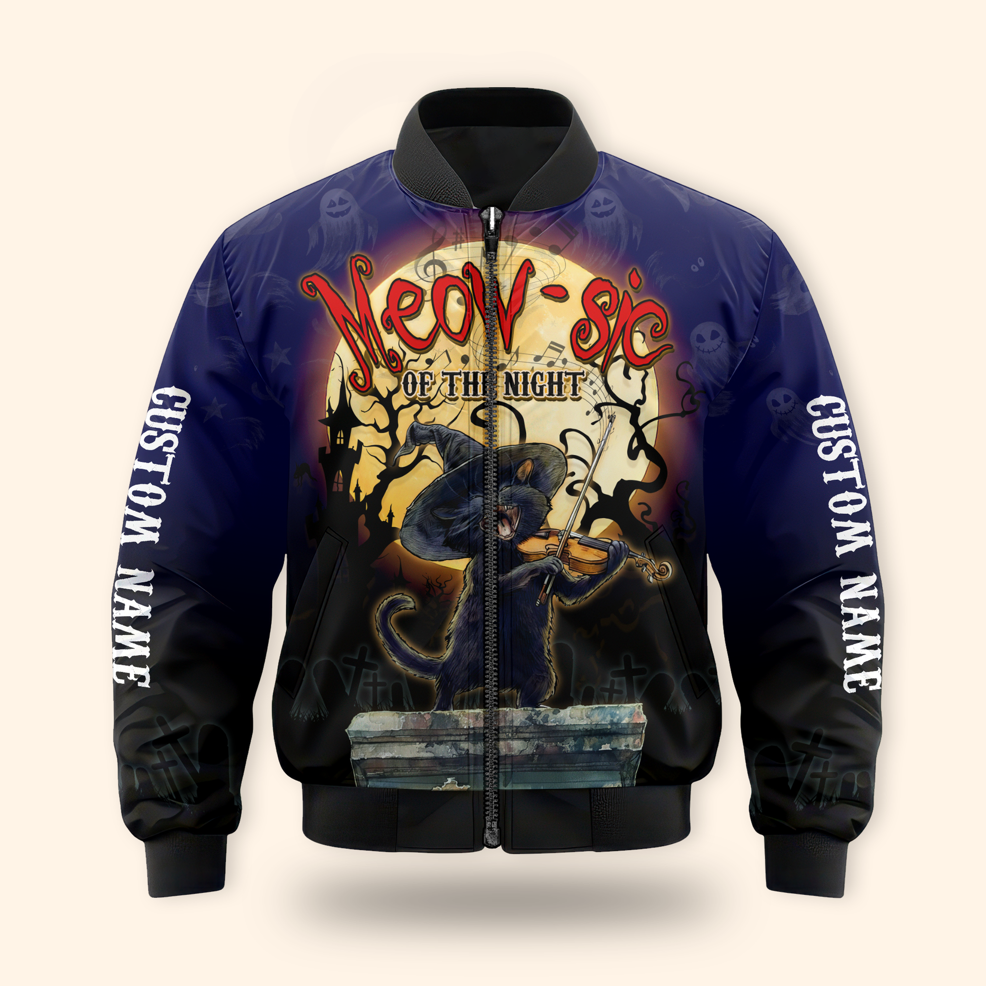 Personalized Halloween Cat Hoodie – Meow-sic of the Night Custom Name Zip Up, Custom Choo