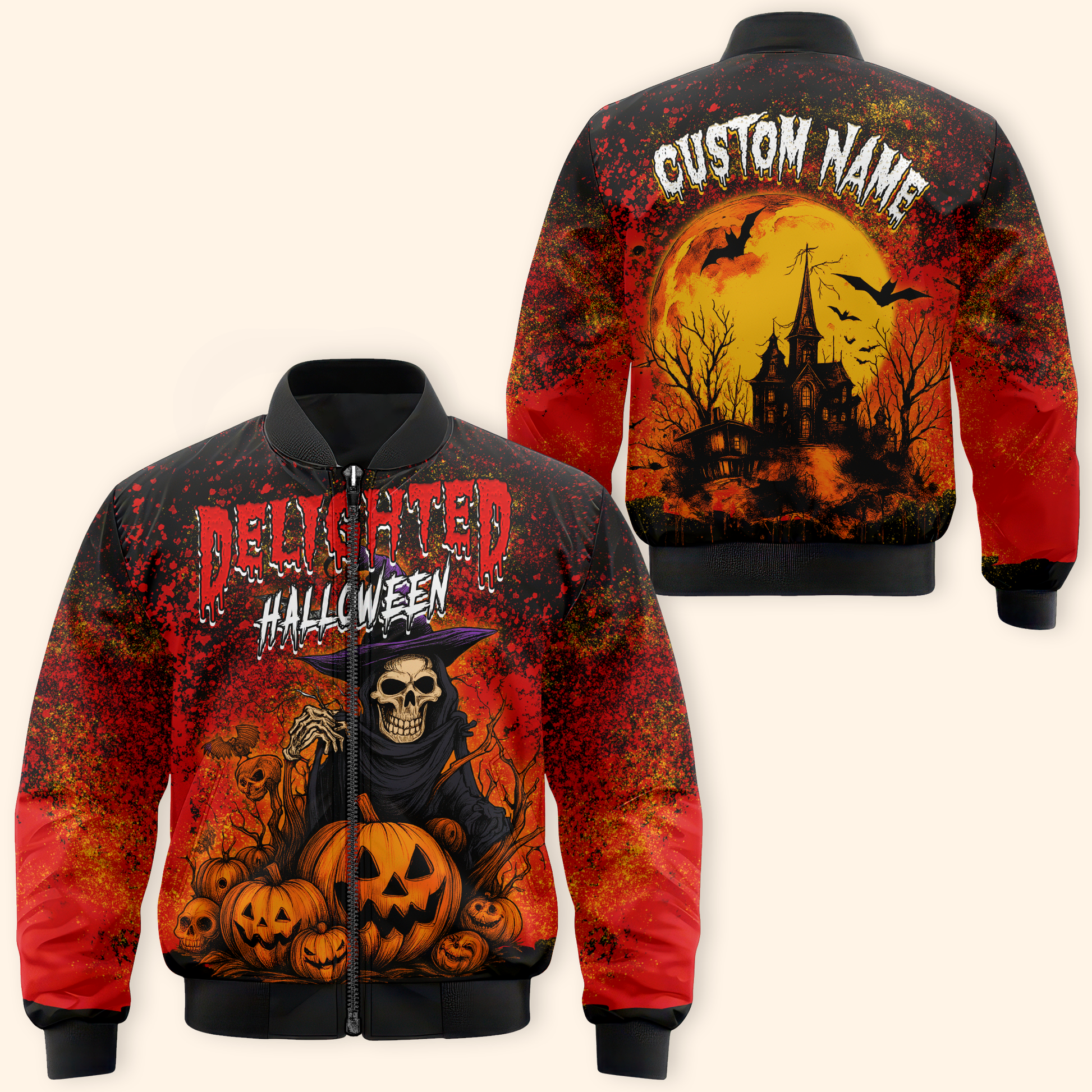 Delighted Halloween Hoodie – Grim Reaper Skeleton with Pumpkins – Custom Name Zip Up, Custom Choo