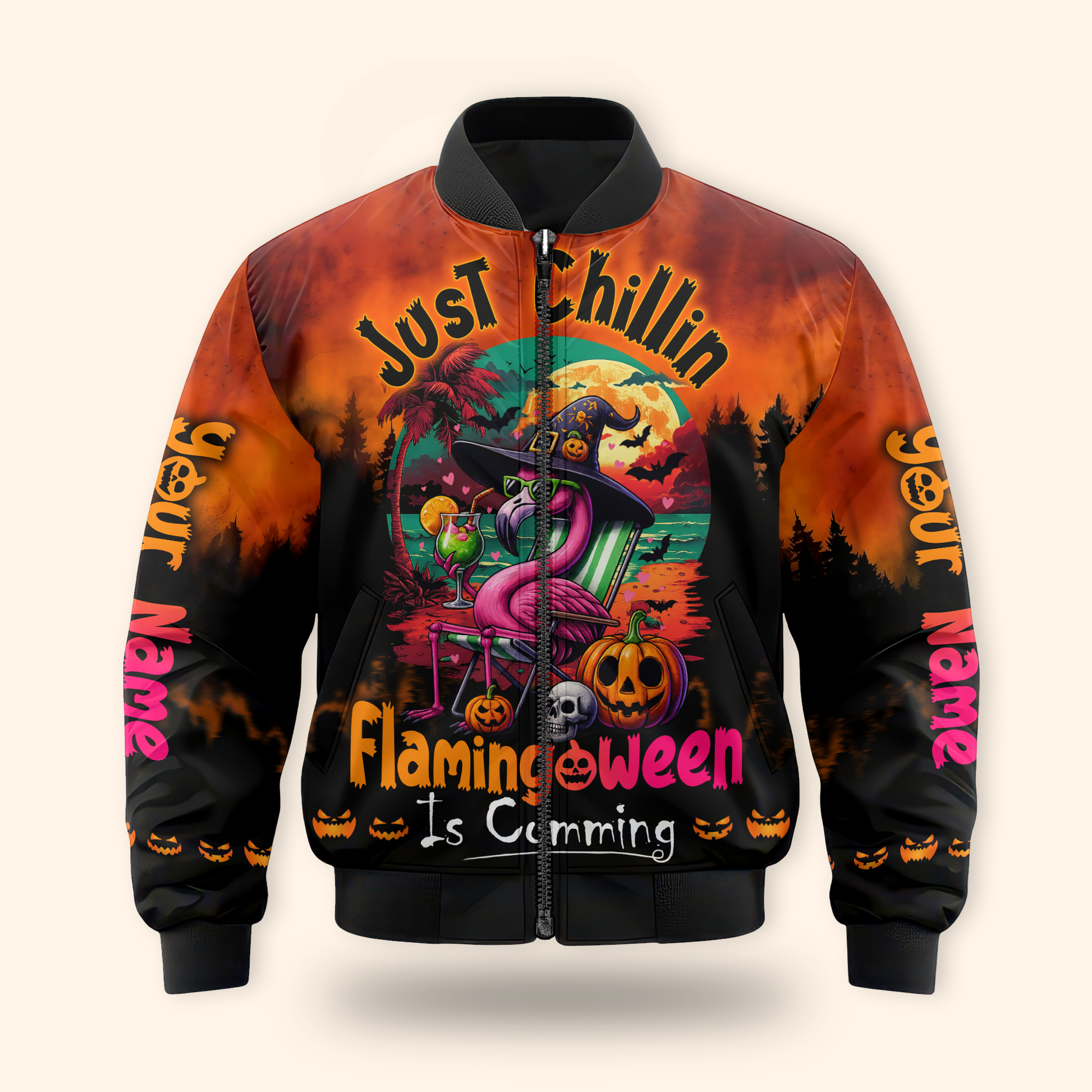 Personalized Flamingo Halloween Hoodie – Just Chillin Flamingoween Zip Up, Custom Choo