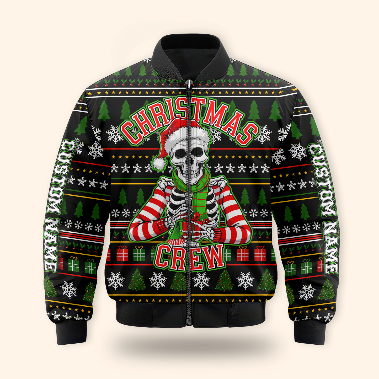Funny Skeleton Christmas Hoodie – Custom Name Christmas Crew Zip Up