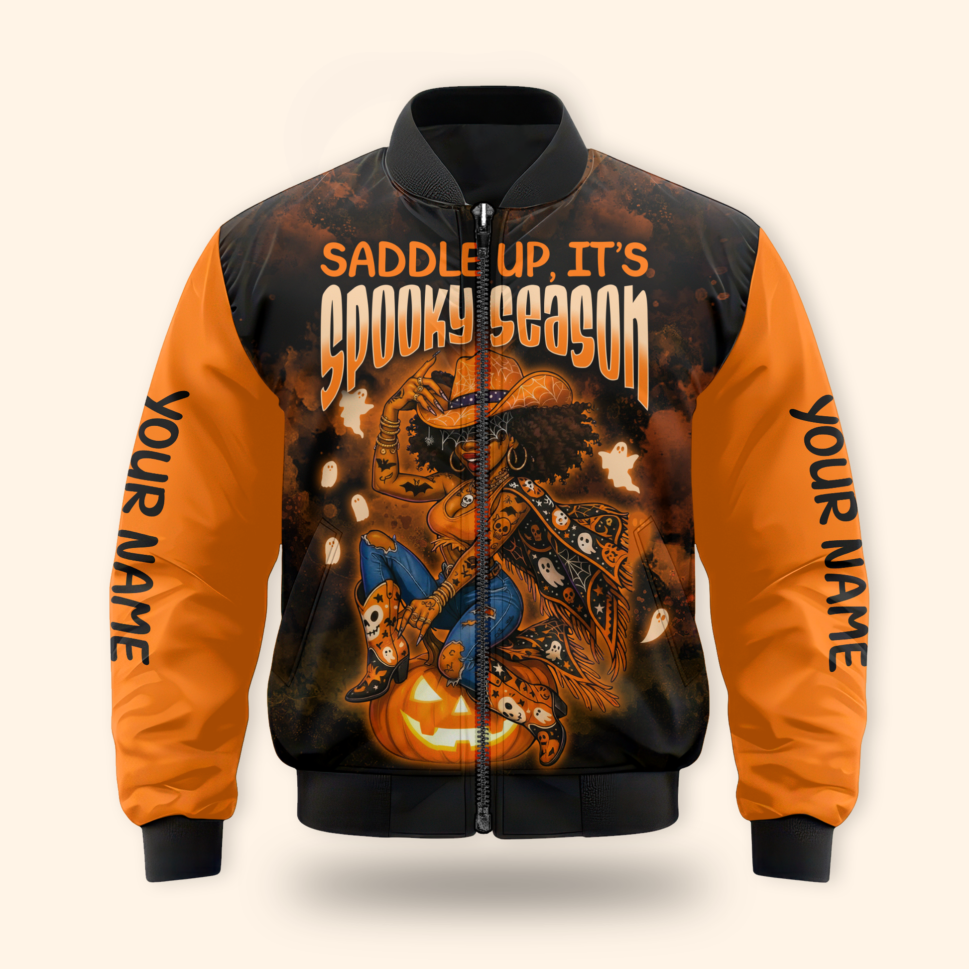 Personalized Spooky Season Hoodie – Cowboy Riding Pumpkin Halloween Jacket, Custom Choo