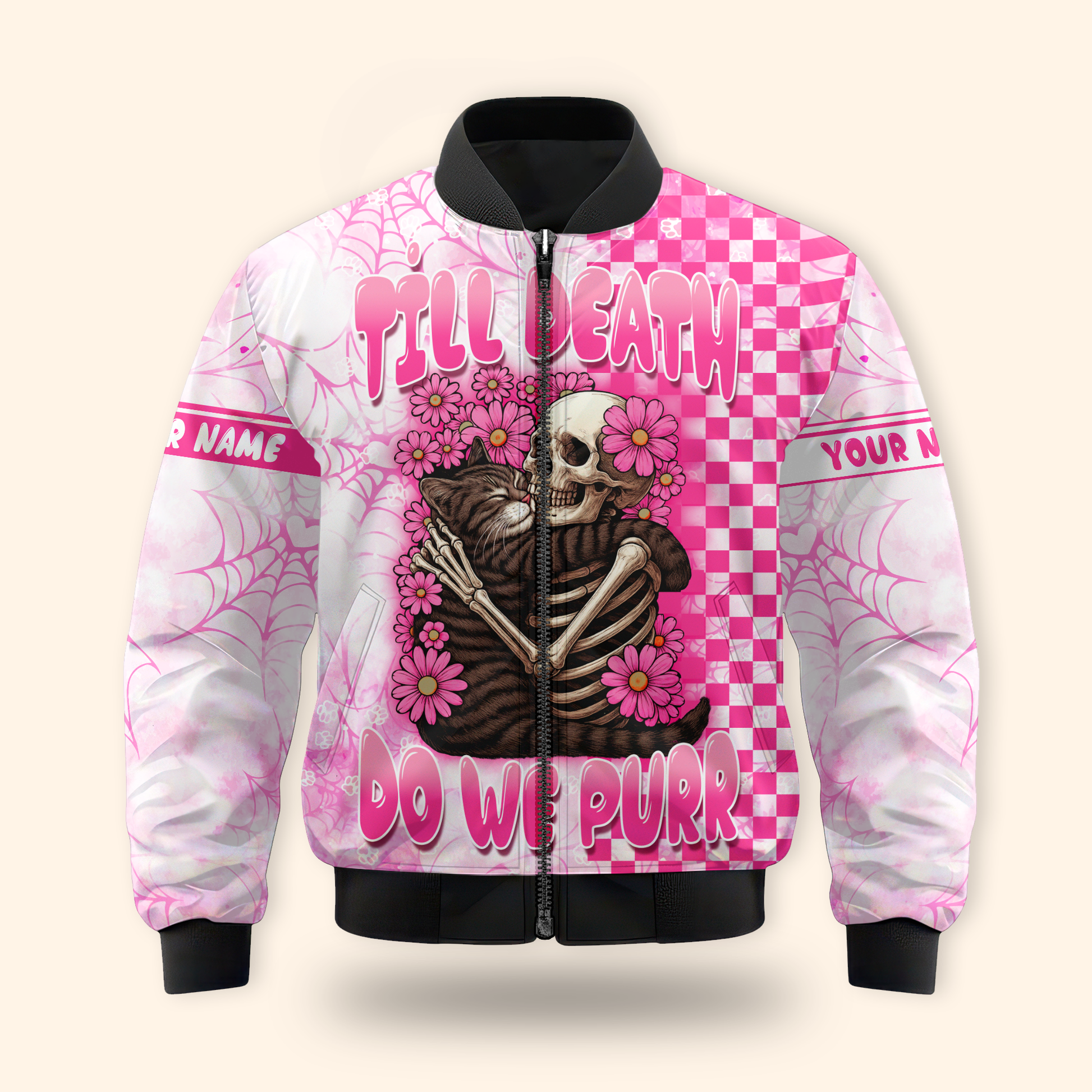 Personalized Cat Skeleton Hoodie – Till Death Do We Purr Pink Gothic Zip Up, Custom Choo