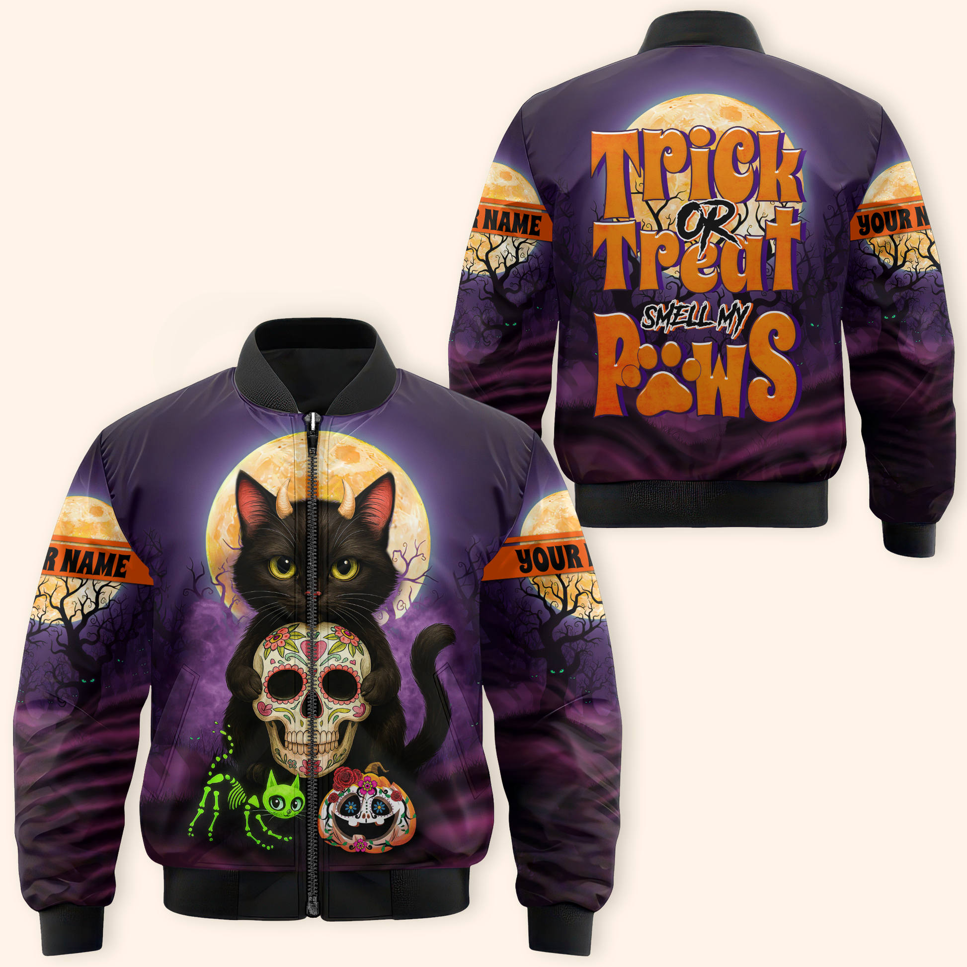 Trick or Treat Smell My Paws Hoodie – Halloween Black Cat & Sugar Skull, Custom Name Zip Up, Custom Choo