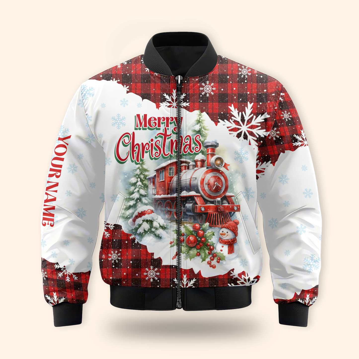 Christmas Train Hoodie – Vintage Steam Engine Design, Custom Name Plaid Holiday Zip Up, Custom Choo