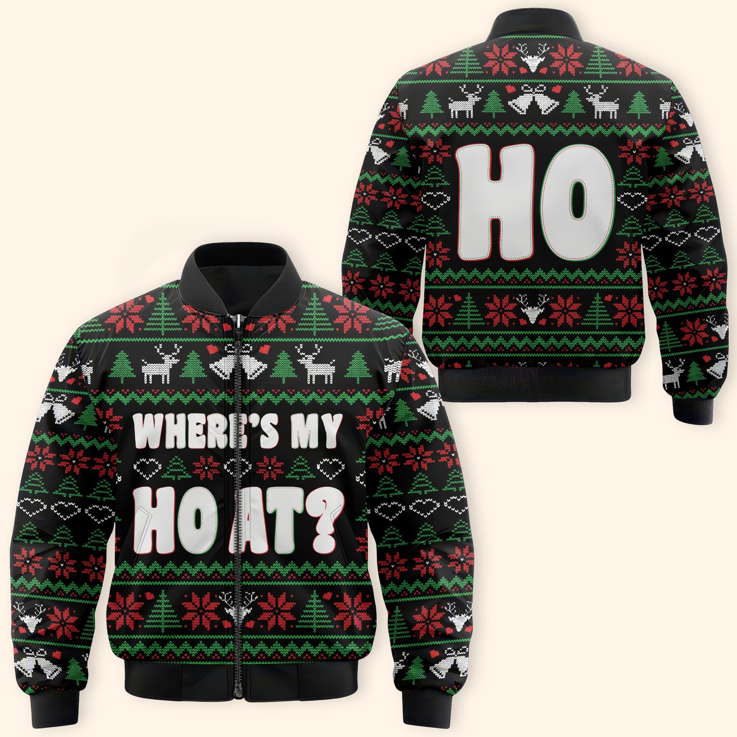 Funny Christmas Hoodie – Where’s My Ho At, Ugly Sweater Style Zip Up, Holiday Party Hoodie Gift for Men Women