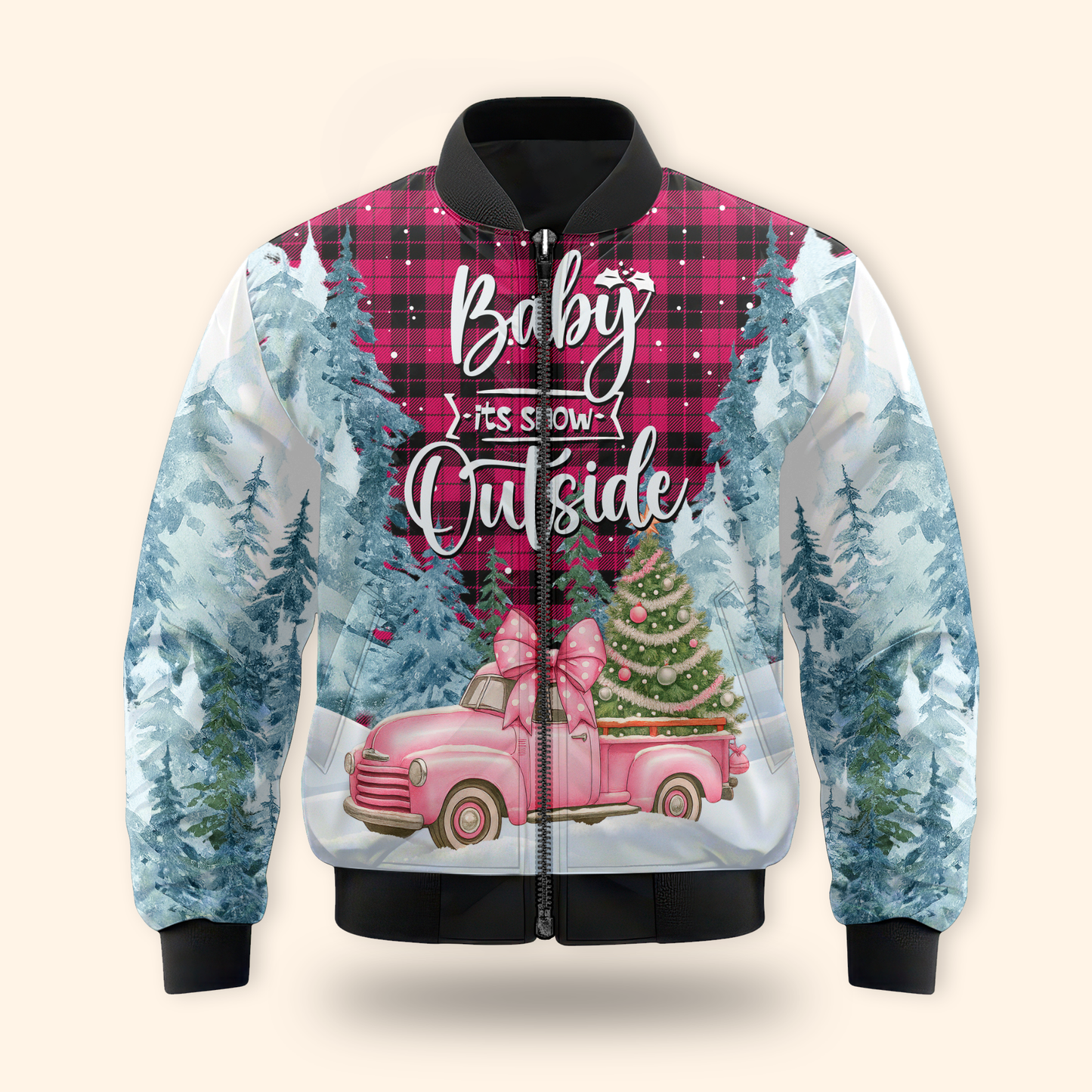 Baby It’s Snow Outside Hoodie – Pink Truck Christmas Zip Up, Winter Holiday Sweater