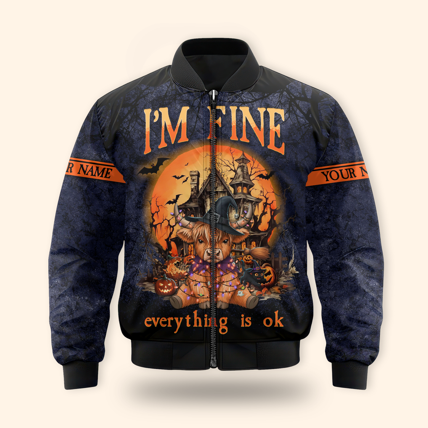Personalized Halloween Cow Hoodie – "I’m Fine Everything Is Ok" Zip Up, Custom Name Gift, Custom Choo