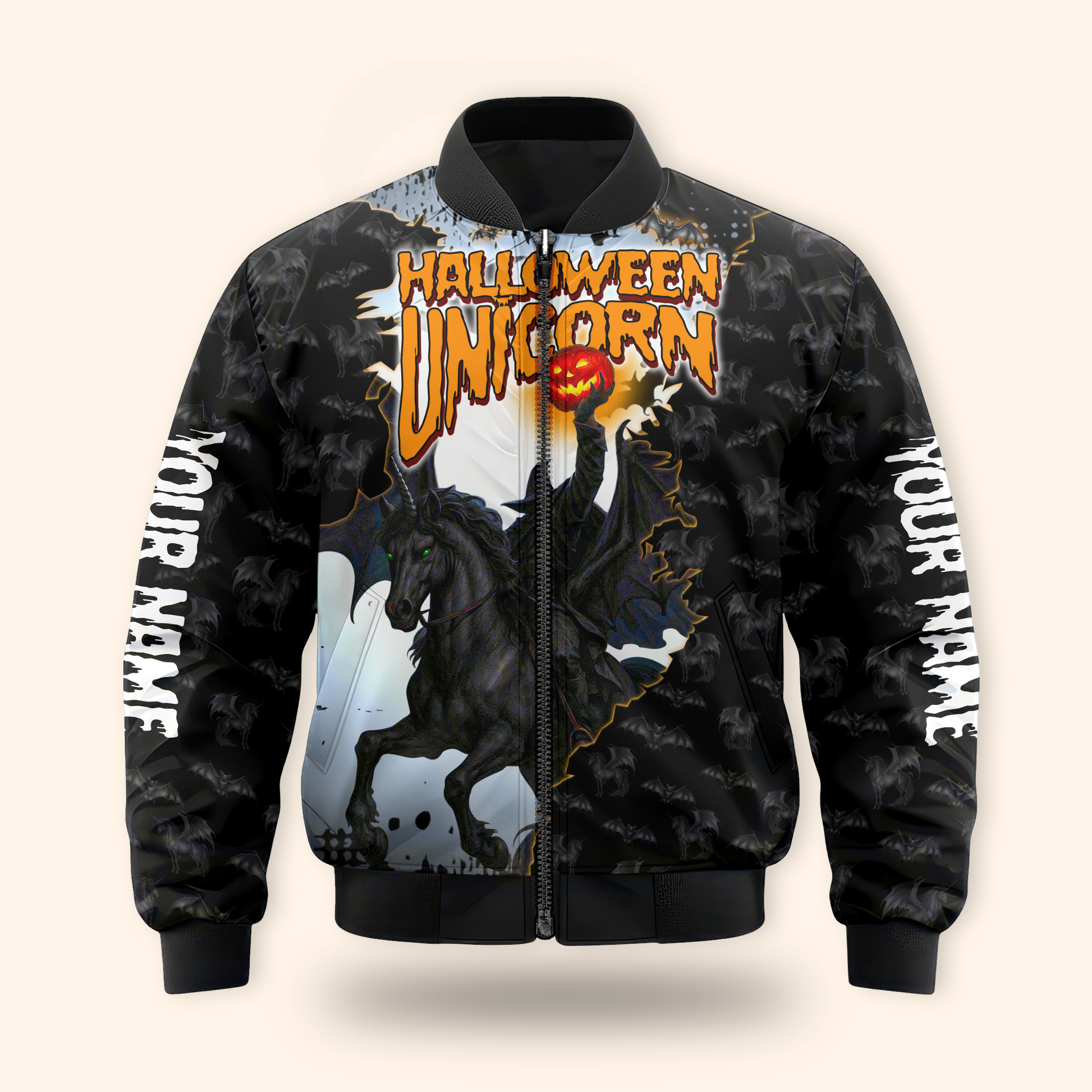 Halloween Unicorn Hoodie – Spooky Black Unicorn Zip Up Jacket, Custom Name Gift, Custom Choo
