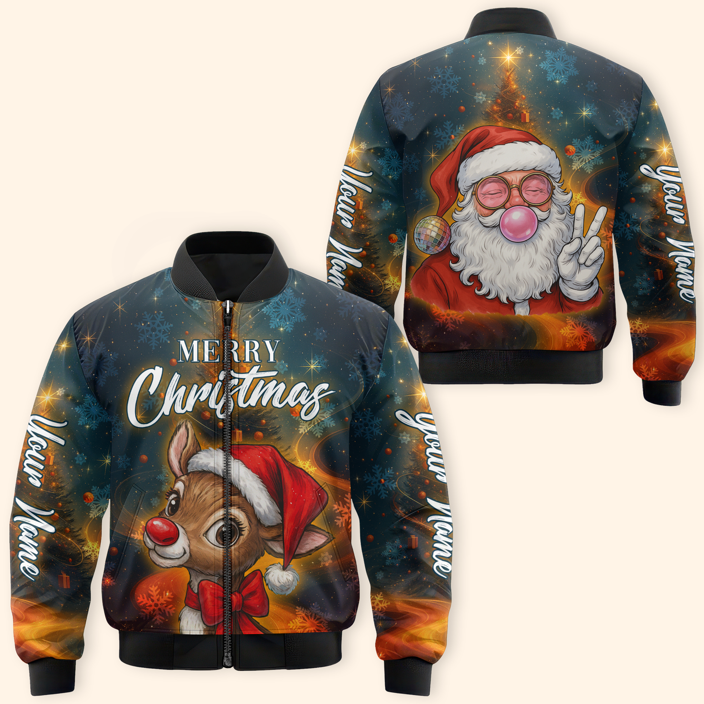 Personalized Merry Christmas Hoodie – Cute Santa & Reindeer Zip Up, Custom Name Holiday Gift, Custom Choo