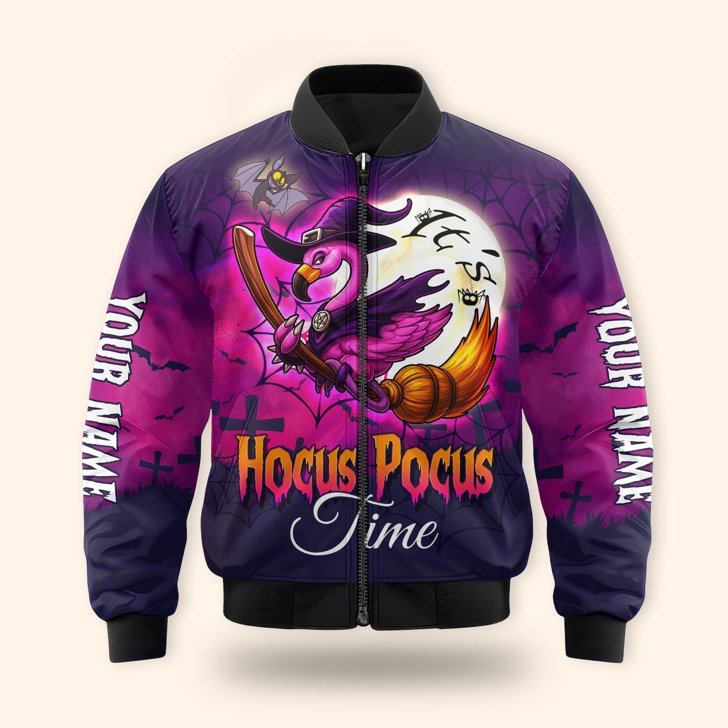Personalized Hocus Pocus Hoodie – Flamingo Witch on Broom Halloween Zip Up, Custom Choo