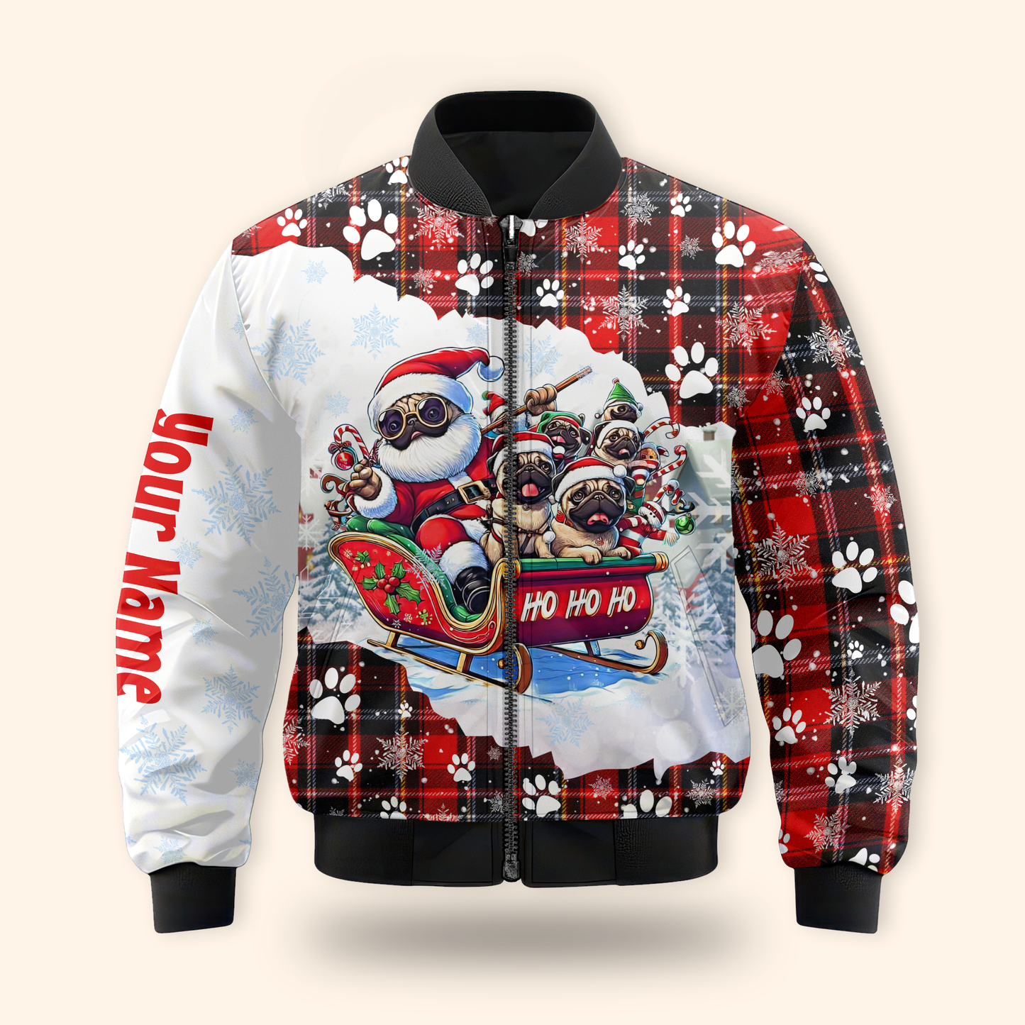 Christmas Pug Hoodie – Santa Sleigh Ride Plaid Hoodie – Custom Name Dog Lovers Gift, Custom Choo