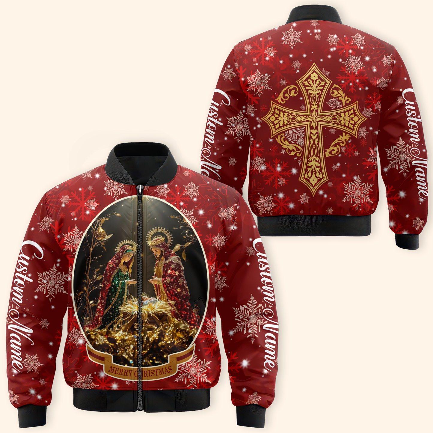 Christian Christmas Hoodie – Nativity Scene and Gold Cross Design, Personalized Faith Gift
